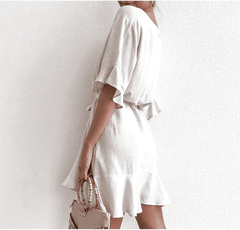 Solid Cotton Linen  Short Sleeve V Neck Mini A-line Summer Dress
