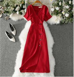 Elegant Buttons Casual Slim Vintage Romance Women Dress