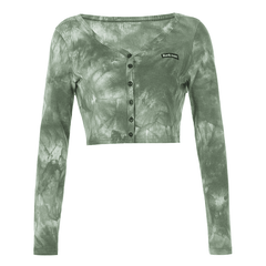 Rib Knitted Skinny Tie Dye Print Streetwear Ruffle Crop Top T-Shirt Women