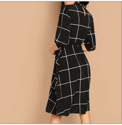Stand Collar Simple Plaid 3/4 Sleeve Knee Length Line Dress