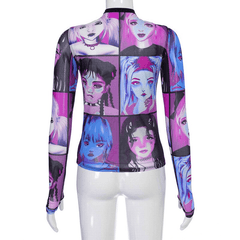 Goth Dark Y2K E-Girl O-Neck Mesh Aesthetic Print Bodycon T-Shirts