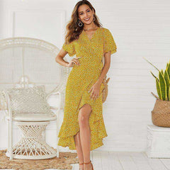 Summer Beach Maxi Floral Print Boho Long Ruffles Wrap Casual V-Neck Dress Women