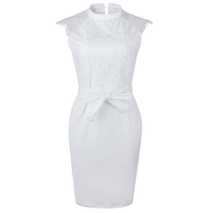 White Lace Slim Pencil O-Neck Women Midi Dress