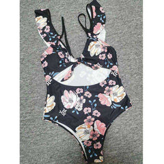 Sexy Black Floral Front Tie High Waist Off Shoulder Swimsuit Monokini One Piece - Awakening Aesthetics