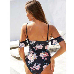 Sexy Black Floral Front Tie High Waist Off Shoulder Swimsuit Monokini One Piece - Awakening Aesthetics
