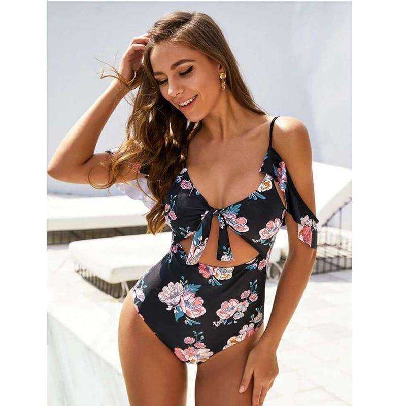 Sexy Black Floral Front Tie High Waist Off Shoulder Swimsuit Monokini One Piece - Awakening Aesthetics
