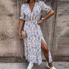 Summer Sexy Fashion Slim Button V Neck Elegant Gorgeous Floral Print A - Line Short Sleeve Slit Long Dress - Awakening Aesthetics