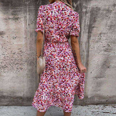 Summer Sexy Fashion Slim Button V Neck Elegant Gorgeous Floral Print A - Line Short Sleeve Slit Long Dress - Awakening Aesthetics