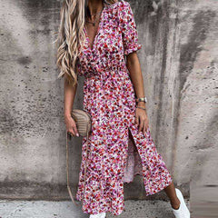 Summer Sexy Fashion Slim Button V Neck Elegant Gorgeous Floral Print A - Line Short Sleeve Slit Long Dress - AWAKENING AESTHETICS