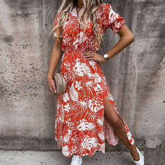 Summer Sexy Fashion Slim Button V Neck Elegant Gorgeous Floral Print A - Line Short Sleeve Slit Long Dress - AWAKENING AESTHETICS