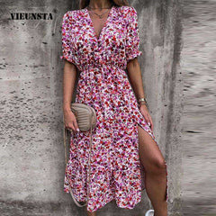 Summer Sexy Fashion Slim Button V Neck Elegant Gorgeous Floral Print A - Line Short Sleeve Slit Long Dress - Awakening Aesthetics