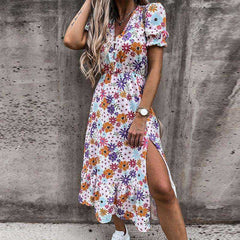 Summer Sexy Fashion Slim Button V Neck Elegant Gorgeous Floral Print A - Line Short Sleeve Slit Long Dress - Awakening Aesthetics