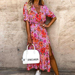 Summer Sexy Fashion Slim Button V Neck Elegant Gorgeous Floral Print A - Line Short Sleeve Slit Long Dress - AWAKENING AESTHETICS
