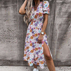 Summer Sexy Fashion Slim Button V Neck Elegant Gorgeous Floral Print A - Line Short Sleeve Slit Long Dress - Awakening Aesthetics