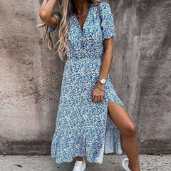 Summer Sexy Fashion Slim Button V Neck Elegant Gorgeous Floral Print A - Line Short Sleeve Slit Long Dress - AWAKENING AESTHETICS