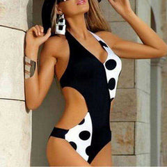 Women Swimsuit Polka Dot Patchwork Strap One Piece Bikini V Neck Trikini Swimwear - Awakening Aesthetics